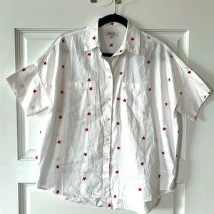 Madewell white w/red stars button up, size small, loose fit